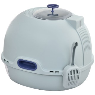 Katzentoilette mit Dachfenster, Katzenklo mit Bodenschale, mit Schaufel, Tragbar, PP ABS, See-Blau, 47 x 55 x 44 cm