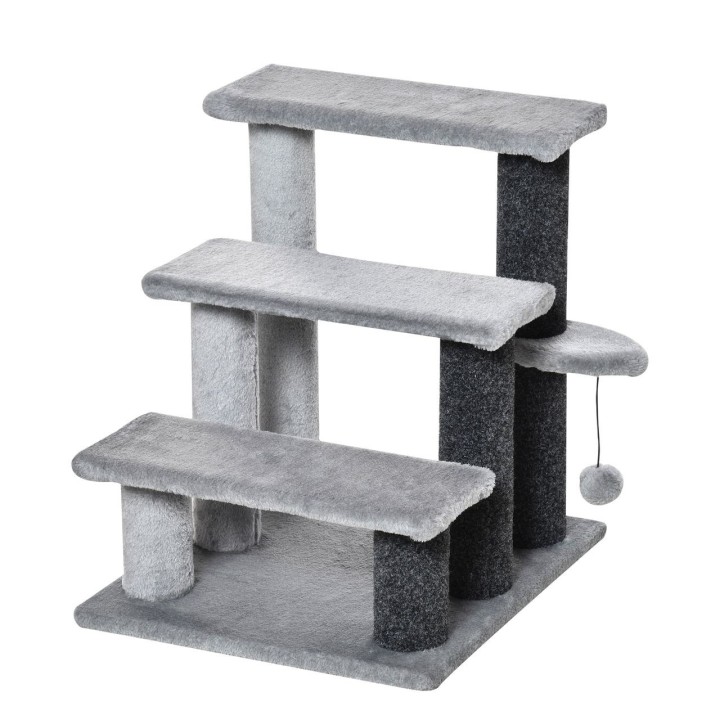 Haustiertreppe mit Ball 3-stufige Katzentreppe Hundetreppe Tiertreppe Spanplatte Plüsch Grau 45 x 40 x 48 cm