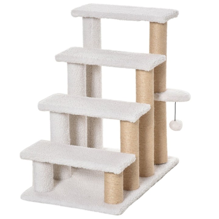 Haustiertreppe mit Kratzbaum Ball 4-stufige Katzentreppe Hundetreppe Tiertreppe Spanplatte Plüsch Jute Weiß 60 x 40 x 64 cm
