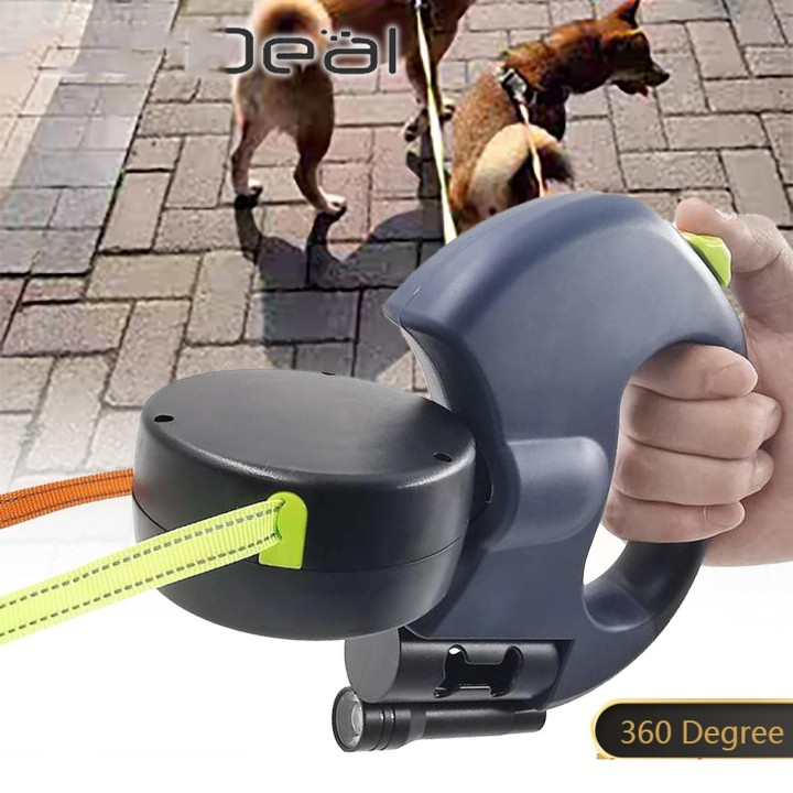 360-Grad-Doppelkopf-Traktionsseil Nylon-Hunde-Universalleine Automatisch einziehbare Outdoor-Walking-Haustierversorgung grau