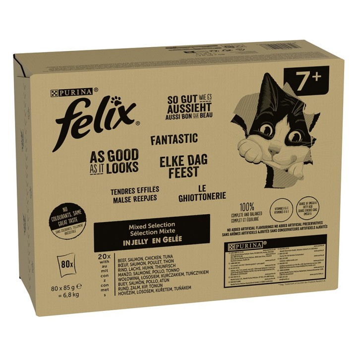 Megapack Felix "So gut wie es aussieht" Pouches 80 x 85 g - Senior Fleisch Mixpaket (Rind, Lachs, Huhn, Thunfisch)