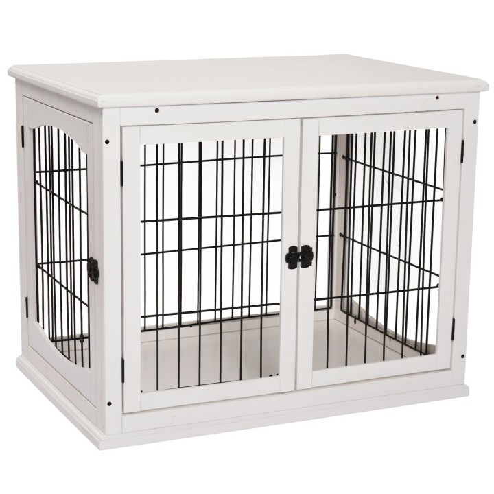 Hundehütte mit Tischoberfläche, Hundebox für innen, Hundekäfig für Zuhause, 2 Türen, Tierkäfig, Haustier, MDF, Metall, Weiß,