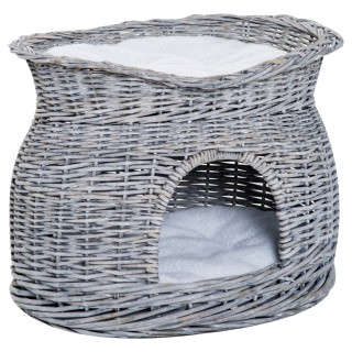 PawHut Rattan Katzenkorb elegante Katzenhütte mit Kissen und Liegedach Haustierbett aus Wasserhyazinthe grau für Wohnzimmer