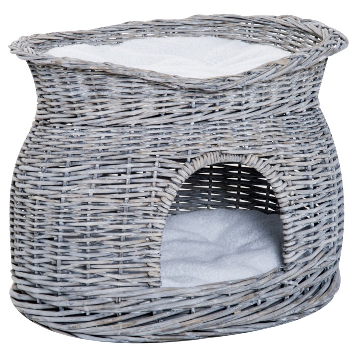 PawHut Rattan Katzenkorb elegante Katzenhütte mit Kissen und Liegedach Haustierbett aus Wasserhyazinthe grau für Wohnzimmer