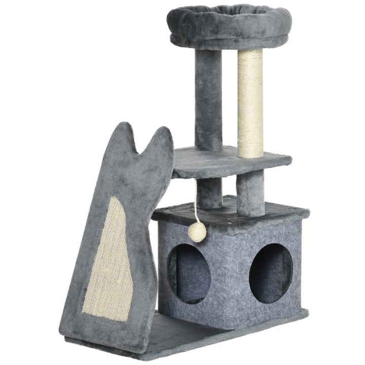 PawHut kleiner Kratzbaum für Katzen unter 4 kg, Katzenbaum mit Kratzbrett, Höhle, Spielzeug und Sisal, grau für kleine Katzen