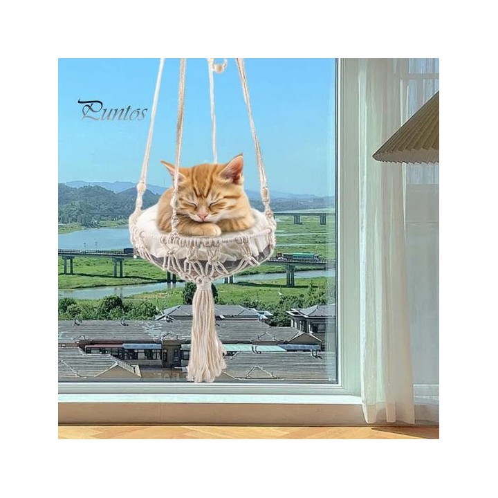 Katzenhängematte, handgewebtes Baumwollseil, Haustier-Schaukelbett, feine Verarbeitung, Katzen-Hängebett, Korb, Haustier beig