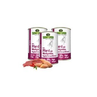 Schecker - Schecker Hundemenü - Pferd mit Mischgemüse, Hagebutten und Bärlauch [3 x 410g]