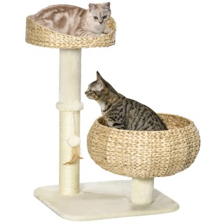 PawHut Kratzbaum mit 2 Katzenbetten, waschbaren Kissen, Spielball, Sisalsäulen, Beige+Cremeweiß  Aosom