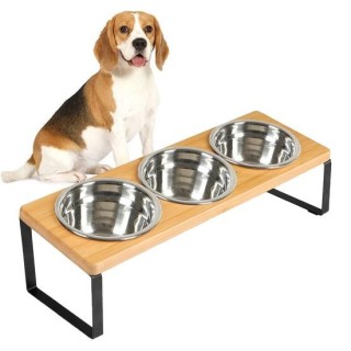 Futterständer aus Holz mit 3 Edelstahlnäpfen, rutschfest, für kleine und mittelgroße Katzen und Hunde, geneigter, erhöhter Fu