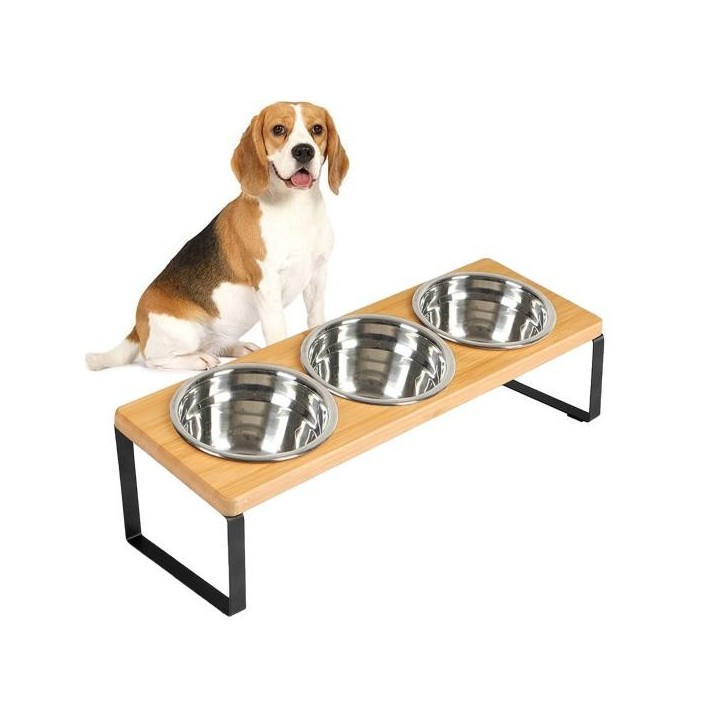 Futterständer aus Holz mit 3 Edelstahlnäpfen, rutschfest, für kleine und mittelgroße Katzen und Hunde, geneigter, erhöhter Fu