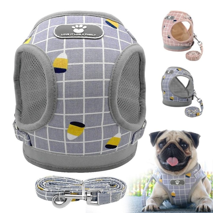 Haustier-Hundekatzengeschirr mit Leine, verstellbare Weste, Gehzubehör, weich, atmungsaktiv, kariertes Halsband, Welpe für kl
