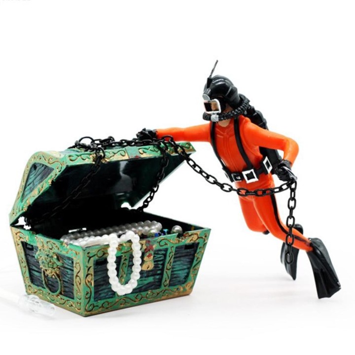 Aquarium-Schwimmtaucher-Ornament, Aquarium-Dekoration mit beweglicher Schatztruhe, schwimmender Taucher schwarz
