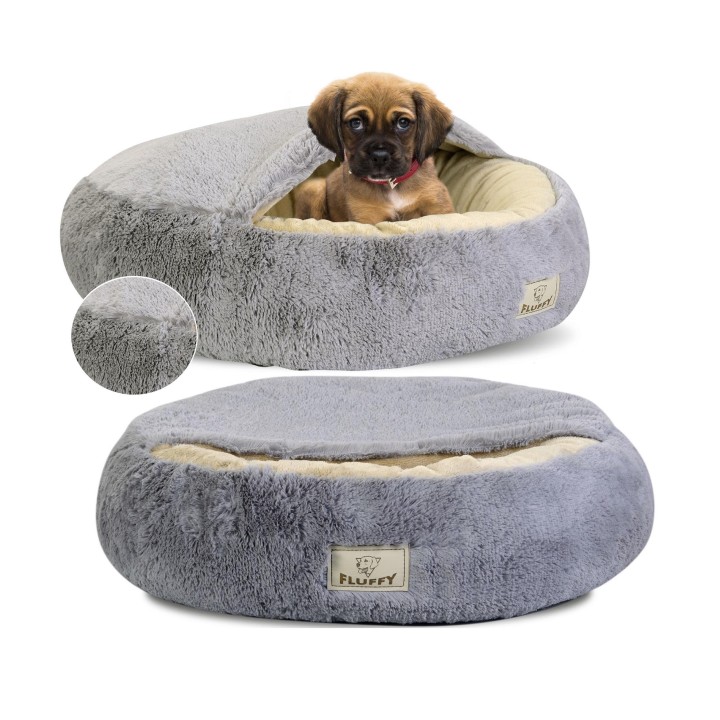 Hundebett „Fluffy“.: Zotteliges Haar, hellgraue Farbe, 3 GRÖSSEN, weiches Haar S schlachtschiff grau