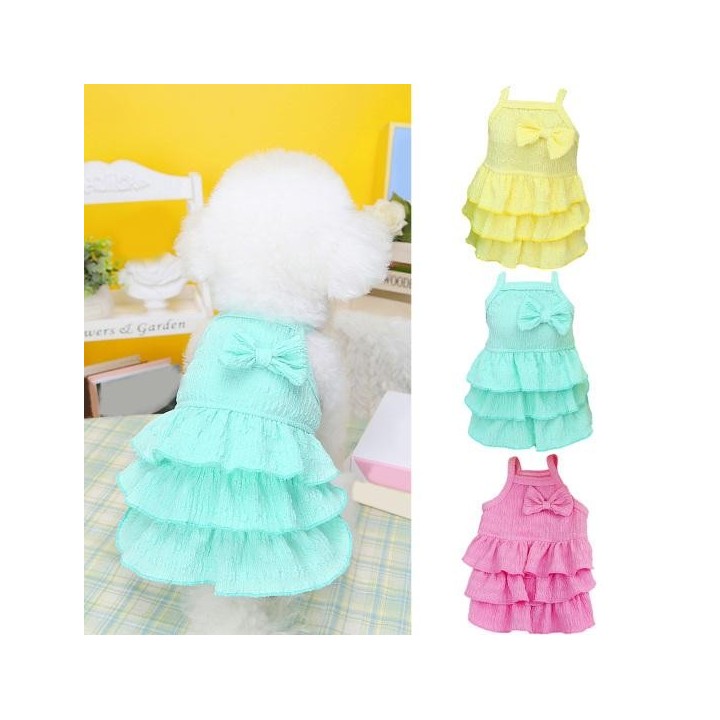 Hundekleid, weich, bequem, atmungsaktiv, bezauberndes Kleid mit Schleife, geschichteter Saum, tägliches Tragen L gelb