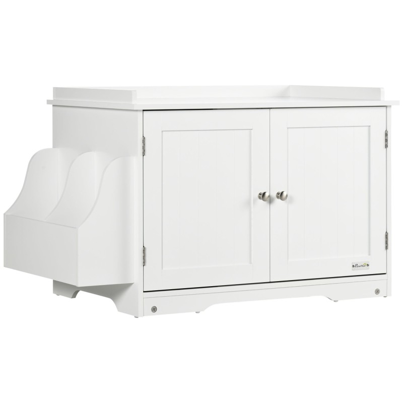 PawHut Katzenschrank Katzentoilette mit verstellbarer Trennwand und Magnettüren, Weiß 86x48x52cm für stilvolle Katzenhaltung
