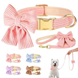 Süßes rosa Hundehalsband-Leinen-Set mit Fliege, verstellbar, weiches Samt-Haustierhalsband und Leine für kleine und mittelgro