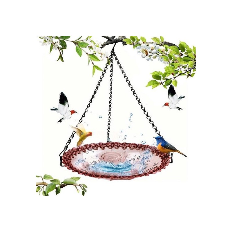 Robuster Vogelbad-Wasserfutterspender für den Außenbereich mit rostfreien schwarzen Ketten, hängender Vogelbad-Kolibri-Futter