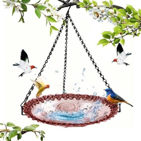 Robuster Vogelbad-Wasserfutterspender für den Außenbereich mit rostfreien schwarzen Ketten, hängender Vogelbad-Kolibri-Futter