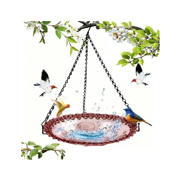 Robuster Vogelbad-Wasserfutterspender für den Außenbereich mit rostfreien schwarzen Ketten, hängender Vogelbad-Kolibri-Futter