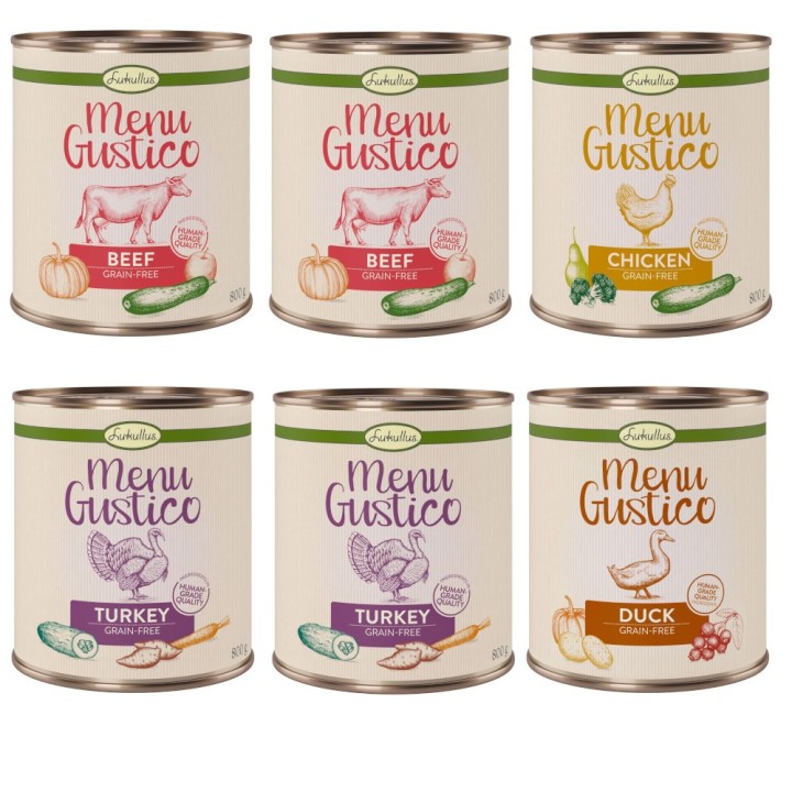 Sparpaket Lukullus Menu Gustico 12 x 800 g  - Mixpaket: Pute, Rind, Huhn & Ente