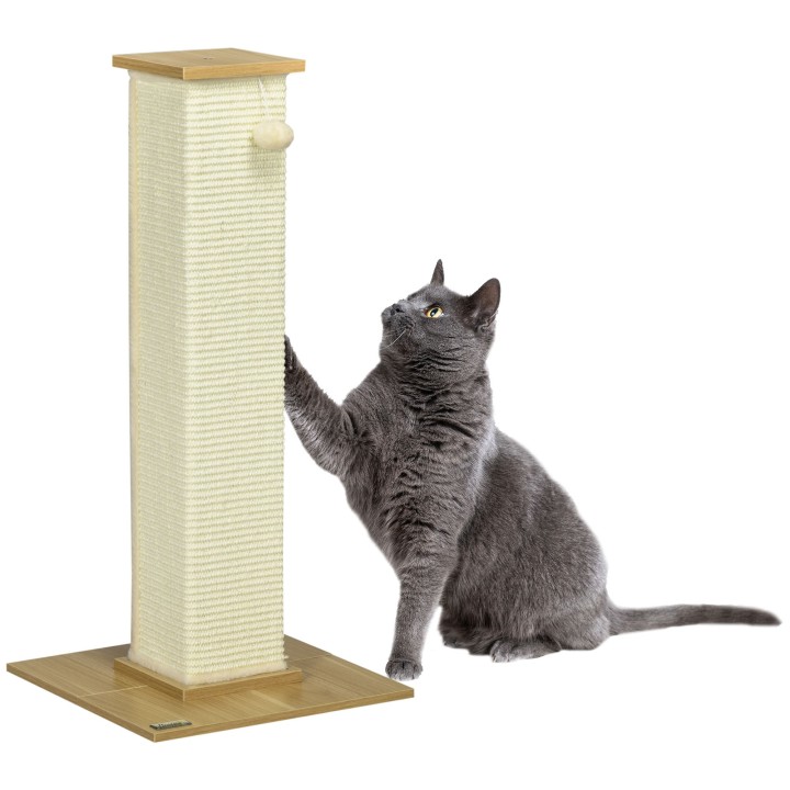 PawHut Kratzsäulen für Katzen 38L x 38B x 80H cm stabil & sicher mit Kratzbrett Spielbällen aus Sisal Eiche Cremeweiß platzsp