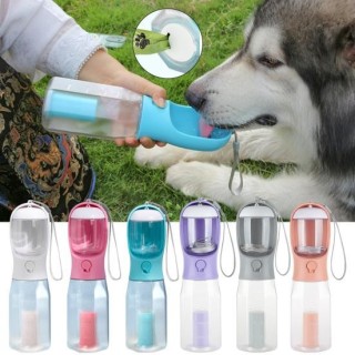 Wasserflasche für Hunde mit Futterspender, Kotbeutelspender, spülmaschinenfest, 600 ml, Wasserspender für Welpen weiß