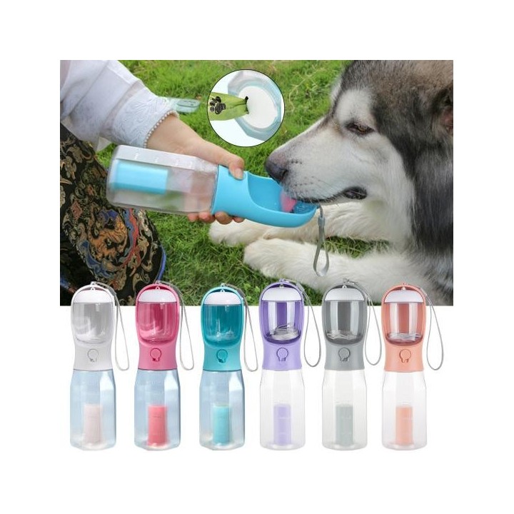 Wasserflasche für Hunde mit Futterspender, Kotbeutelspender, spülmaschinenfest, 600 ml, Wasserspender für Welpen weiß