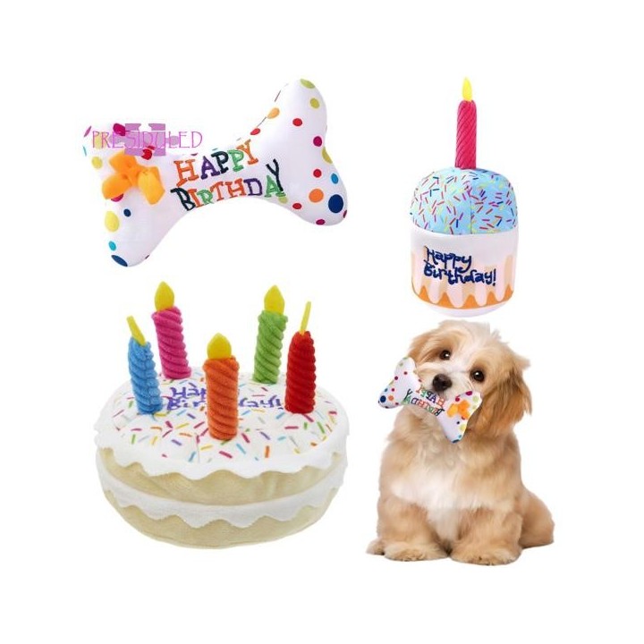 Hundekuchenspielzeug, bunte Kerzen, bissfest, kreatives lustiges Hundegeschenk, weicher Plüschhund, Geburtstagskuchenspielzeu