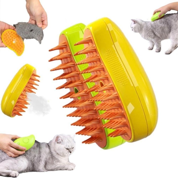 Anti Flying Hair Cat Steam Brush 3 In1 Haustier Haarentfernung Kamm Tragbarer Hundekamm gelb