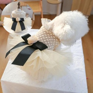 Hunde-Prinzessinnen-Hochzeitskleid, atmungsaktives Netzkleid mit Schleife, Blumen- und Perlendekor, ärmellos, Druckknopf, Hau