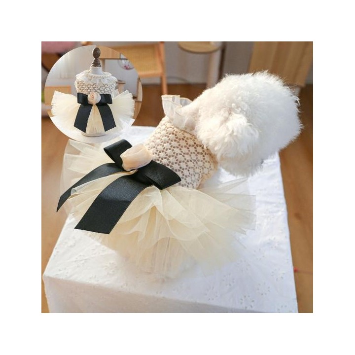 Hunde-Prinzessinnen-Hochzeitskleid, atmungsaktives Netzkleid mit Schleife, Blumen- und Perlendekor, ärmellos, Druckknopf, Hau