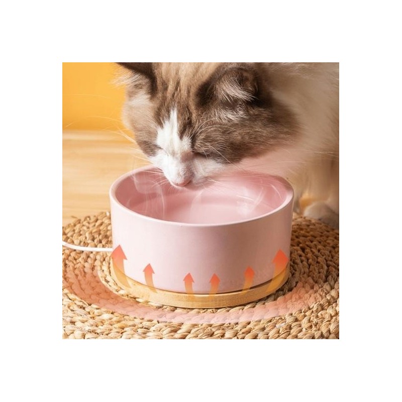 Beheizter Katzennapf, 350 ml, Thermo-Wassernapf für Haustiere mit Holzsockel, Heizung, elektrischer Keramiknapf mit Thermosta
