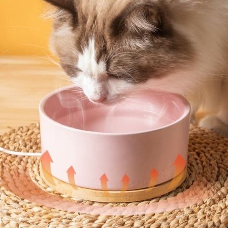 Beheizter Katzennapf, 350 ml, Thermo-Wassernapf für Haustiere mit Holzsockel, Heizung, elektrischer Keramiknapf mit Thermosta