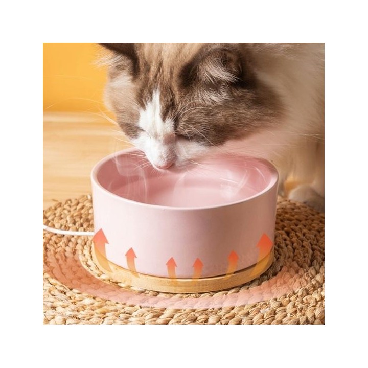 Beheizter Katzennapf, 350 ml, Thermo-Wassernapf für Haustiere mit Holzsockel, Heizung, elektrischer Keramiknapf mit Thermosta