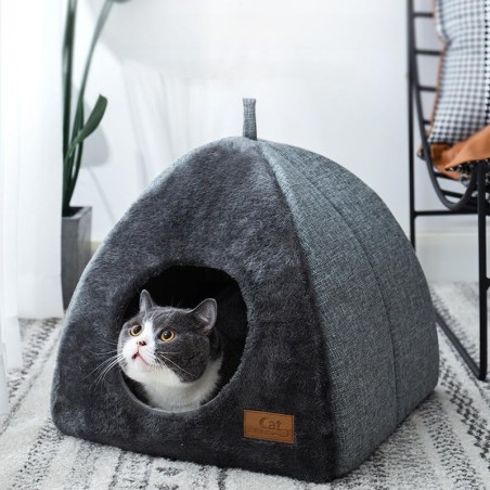 Halbgeschlossenes Katzenbett, rutschfeste Haustierhütte, graues Kätzchenhaus, schlafende Katzenhöhle im Innenbereich, Plüsch,