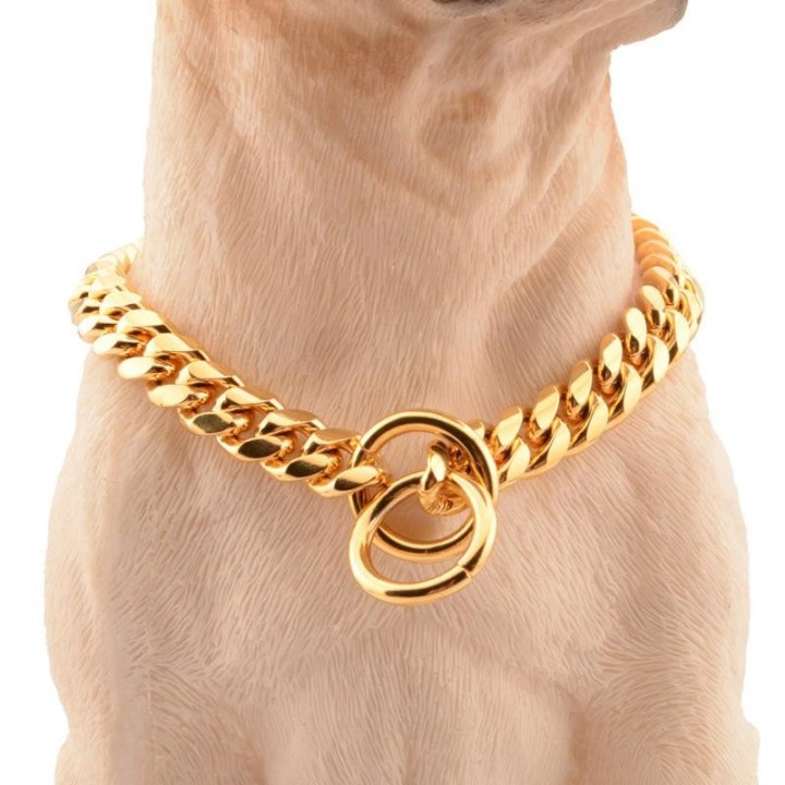 Hundehalsband aus Kette, 18 Karat Gold, kubanische Gliederkette, Edelstahl-Metallglieder, 10 mm, strapazierfähiges Trainingsh