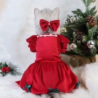 1 Set Haustierkleid Weihnachten Hundekostüm Eleganter roter Rock mit Schleife Kopfschmuck Katze Prinzessin Kleid Heimtierbeda