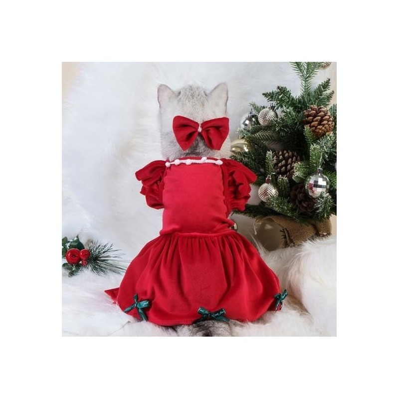 1 Set Haustierkleid Weihnachten Hundekostüm Eleganter roter Rock mit Schleife Kopfschmuck Katze Prinzessin Kleid Heimtierbeda