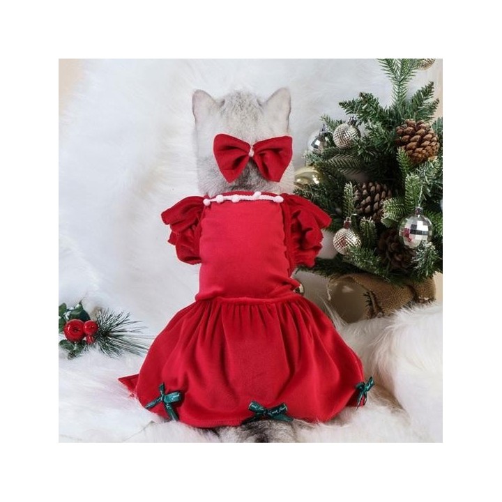 1 Set Haustierkleid Weihnachten Hundekostüm Eleganter roter Rock mit Schleife Kopfschmuck Katze Prinzessin Kleid Heimtierbeda