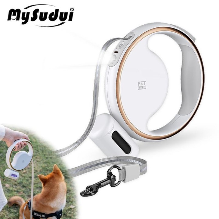 Auto-Lock Hundeleine, automatisch einziehbare Haustierleine für Training, Laufen, mit Taschenlampe, Kotbeutelhalter, Anti-Pul