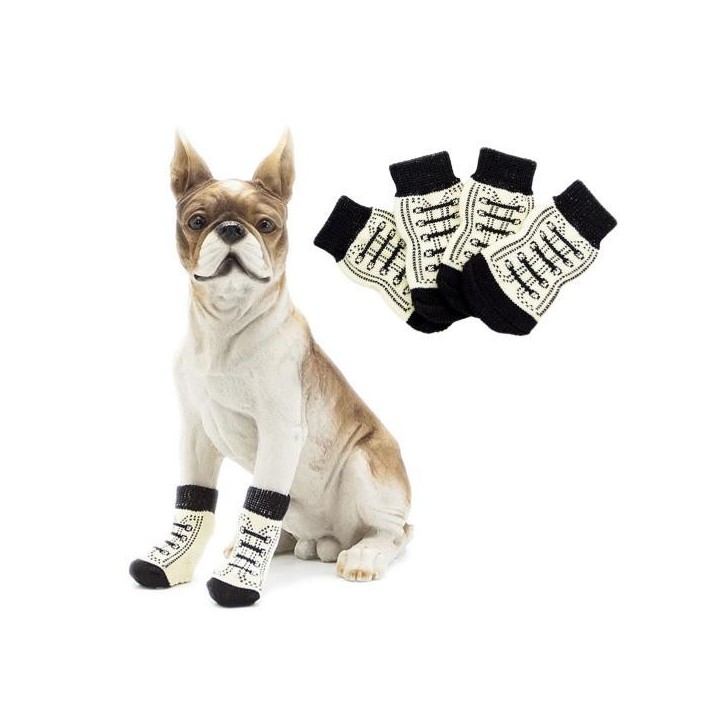 4 Stück niedliche Cartoon-Hundesocken, Anti-Rutsch-Strick-Haustiersocken, gestreifter Druck, warme, schöne Welpen-Hundepfoten