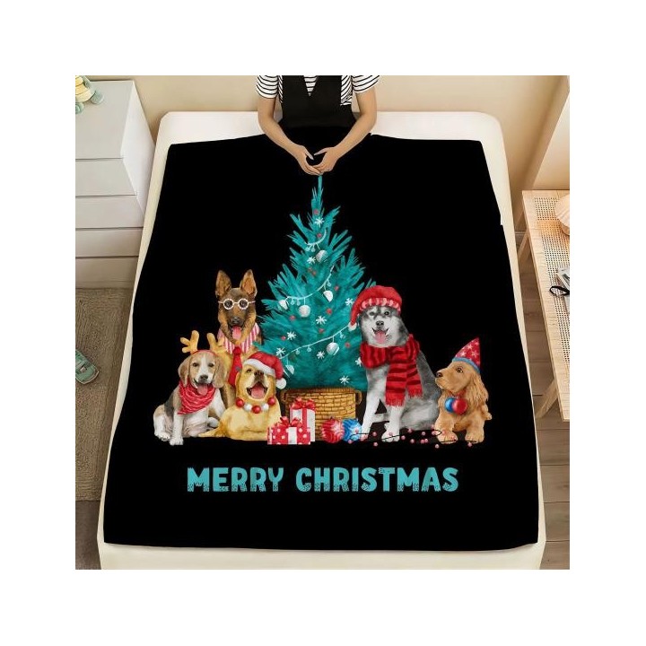 Flanelldecke im Weihnachtsstil, gemütliche Cartoon-Haustier-Hunde-Muster, weiche, bequeme Decke mit Feiertagsmotiv B