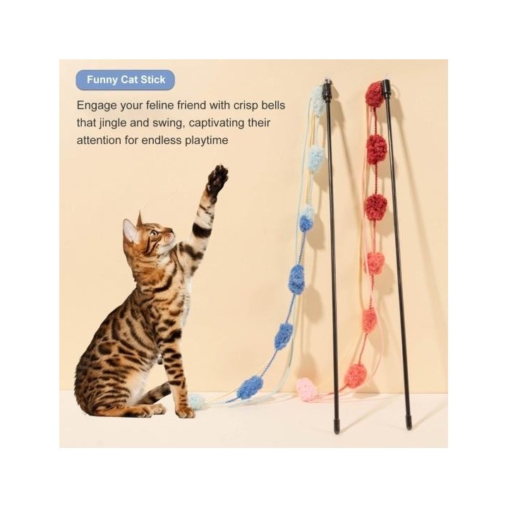 Interaktives Katzenspielzeug mit Glöckchen, Quaste, Katzenstab, Spielzeug mit pelzigem Ball, Neckstab für Katzen, Zubehör für