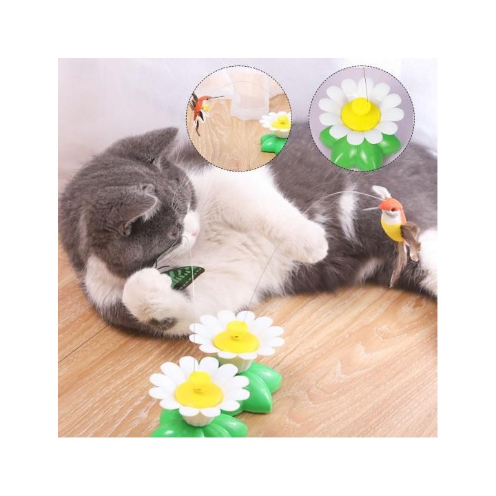 Interaktives Katzenspielzeug mit um 360 Grad drehbarem fliegendem Vogel, Biene, Schmetterling und Blumenbasis, Katzen-Teaser,