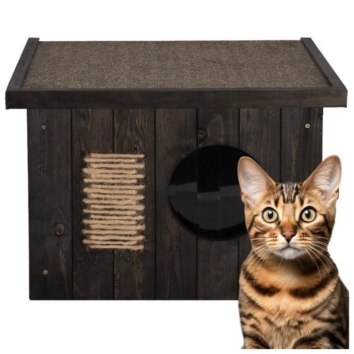 Springos® Maison pour chat en bois Outdoor 49,5 x 58 x 36 cm, Griff zum Chatten mit Toit-Plat, Griff zum Chatten