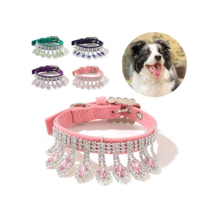 Modisches, bequemes Hundehalsband aus Kunstleder mit Anhänger für Teddy XS rosa