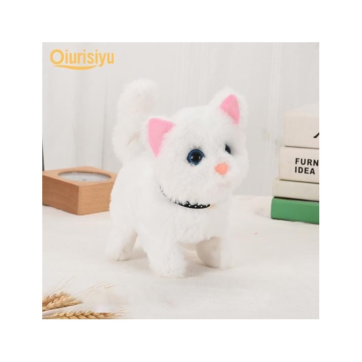 Kognitive Fähigkeit, interaktive Fähigkeit, Bellen, Gehen, elektrisches Plüsch-Katzenspielzeug weiß