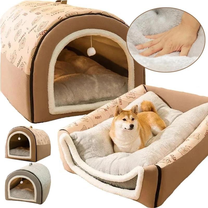 1PC Hundehöhle 2 in 1 Abnehmbares überdachtes Katzenbett mit Ballanhänger Katzenversteck Haus, warme waschbare gemütliche Hun