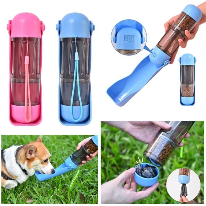 Tragbare Wasserflasche für Katzen und Hunde, Futterspender, Trinker, Kotspender, 3-in-1, auslaufsicher, multifunktional, für