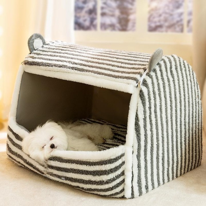 Hundehütte für Herbst und Winter, gestreift, kleine Ohren, Jurtenhütte, warme Katzenhütte, Tiefschlafzelt, Haustierhütte S (3